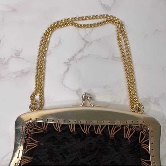 Vintage Brown Velvet Purse with Gold Clasp and Chains - Picture 7 of 9